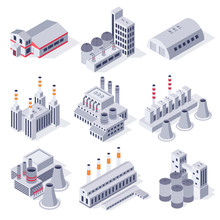 Isometric Factory Buildings. Industrial Power Plant Building, Factories Warehouse Storage And Industry Estate 3D Vector Set