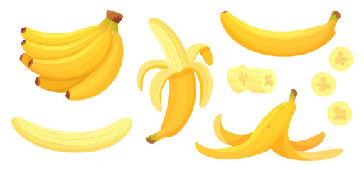 cartoon bananas. peel banana, yellow fruit and bunch of bananas isolated vector illustration set