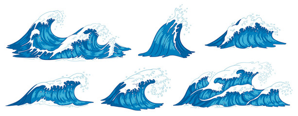 Ocean waves. Raging sea water wave, vintage storm waves and ripples tides hand drawn vector illustration
