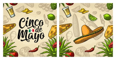 Wall Mural - Seamless pattern mexican food and Cinco de Mayo handwriting lettering.