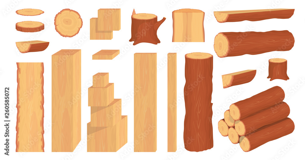 Vetor Set of wood logs, trunks, stump and planks. Forestry. Firewood ...