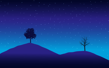 Wall Mural - night landscape with tree, dry tree on mountain.