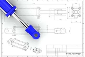 Wall Mural - 3d illustration of hydraulic cylinder above technical engineering drawing