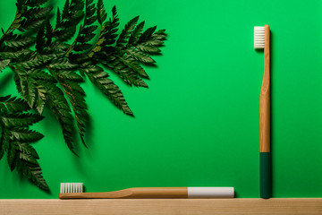 white and green colours bamboo toothbrushes on green background with tropical leaf. Place for text. Ecoproduct.   eco-friendly