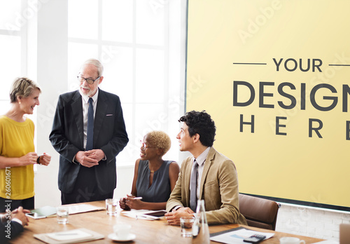 Download 5 People In A Conference Room With A Screen Mockup Stock Template Adobe Stock