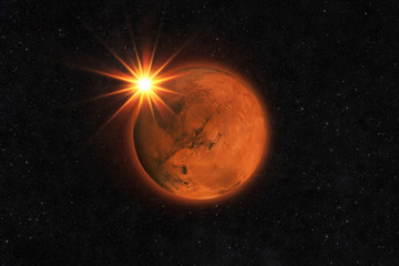 Wall Mural - red planet mars with sun rays on a starry sky. mars with sunshine