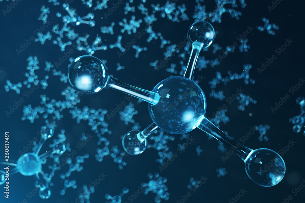 3D illustration molecule structure. Scientific medical background with atoms and molecules. Scientific background for your banner, flyer, template, text. Molecule consists of atoms chemical element - obrazy, fototapety, plakaty 