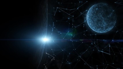 Wall Mural - artistic universe with blue flare of light and rotating digital planets.