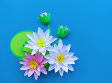 Waterlily Flower Made Of Paper. Blue Background. Origami Hobby. Gentle Petal. Copy Spase
