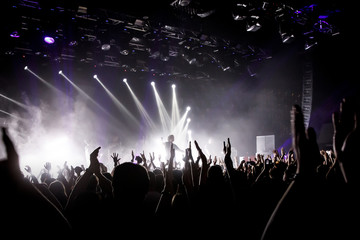 Wall Mural - Crowd on music show, happy people with raised hands. White stage light. Frontman on stage.