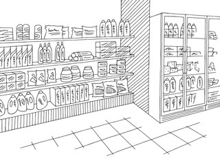 Grocery store shop interior black white graphic sketch illustration vector