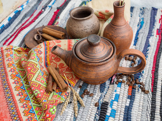 Pottery on the table on the table. View from above