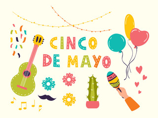 Set of vector illustrations for a mexican holiday Cinco de Mayo. Drawings of guitar with music notes, cactus and flowers, balloons,moustache, hearts, garland, confetti, hand with maracas.