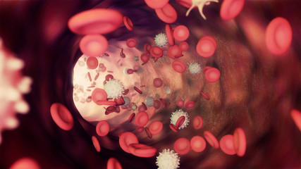 3D illustration of a bloodstream with red cell white cell and platelet