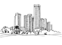 Tel Aviv, Israel. Urban Landscape. Ink Line Sketch On White Background