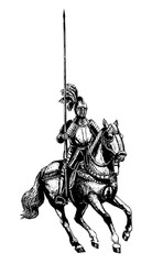 Armoured knight illustration. Mounted knight isolated black and white drawing.