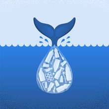 Ocean Plastic Pollution. Ecological Poster. Tail Of Whale And Bag With Plastic Bottle And Garbage On Blue Background. Plastic Problem.