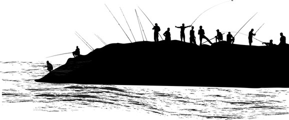 Wall Mural - large fishermen group silhouettes isolated on white