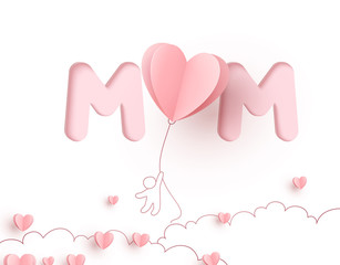 Wall Mural - Postcard with flying child and paper balloons on pink background. Vector symbols of love in shape of heart for Happy Mother's Day greeting card design.