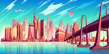 San Francisco Bay Landscape Cartoon Vector With Suspension Bridge Over Water, Airliner And Air Balloon Flying Under Futuristic Skyscraper Buildings Illustration. Modern Metropolis Cityscape Background