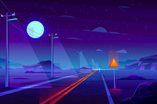 Illuminated At Night, Empty Highway Road In Dessert Cartoon Vector. Row Of Power Line Pillars With Lights, Two Line Path With Separate Strips Goes Far To Horizon In Rocky, Deserted Area Illustration