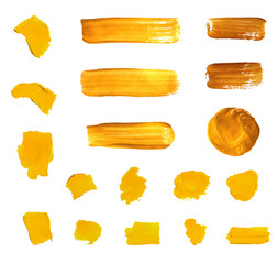 Wall Mural - Vector Gold Paint Brush Strokes, Different Shapes, Isolated.