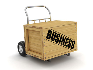 Sticker - Wooden crate with Business on Hand Truck. Image with clipping path