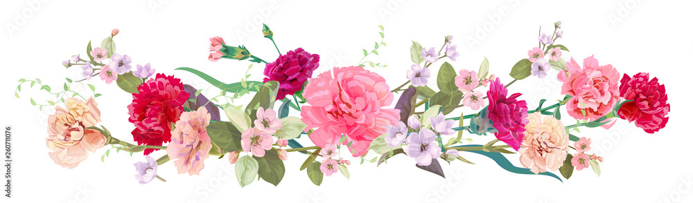 Panoramic view: bouquet of carnation schabaud, spring blossom. Horizontal border: red, pink flowers, buds, leaves on white background. Digital draw illustration in watercolor style, vintage, vector - obrazy, fototapety, plakaty 