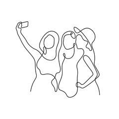 Girls making selfie together continuous line vector illustration