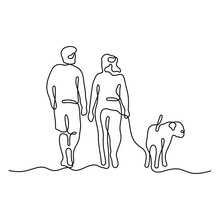 Couple Walking With A Dog Continuous Line Vector Illustration