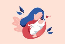 Vector Illustration Of Mother Holding Baby In Arms. Floral Background.