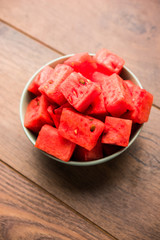 Canvas Print - Watermelon / tarbooj fruit cube slices served in a bowl. selective focus