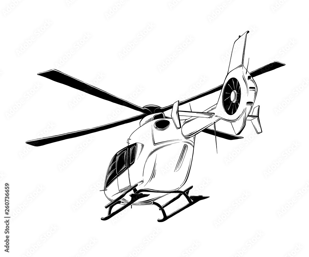 Vector drawing of helicopter in black color, isolated on white ...