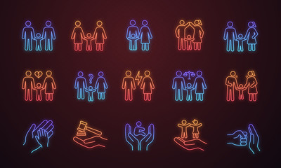 Sticker - Child custody neon light icons set