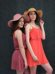 Concept portrait of two stylish brunette sisters on a white and gray background with emotions with hats in summer clothes. Fashionable photo of two beautiful girls