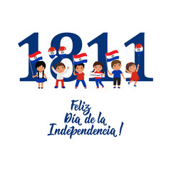 Paraguay Independence day greeting card. text in Spanish: Happy Independence day. May 14th and 15th. kids logo