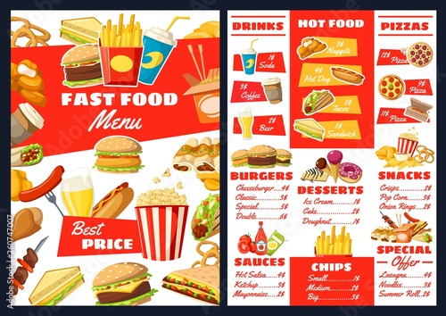 Fast food burgers, snacks and desserts menu © Vector Tradition