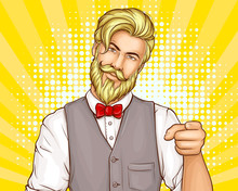 Attractive, Bearded Hipster Man In Business Suit Waistcoat, Red Bow Tie On White Shirt, Pointing With Finger In Camera Pop Art Vector Illustration On Yellow Dotted Background. Mens Fashion Ad Banner