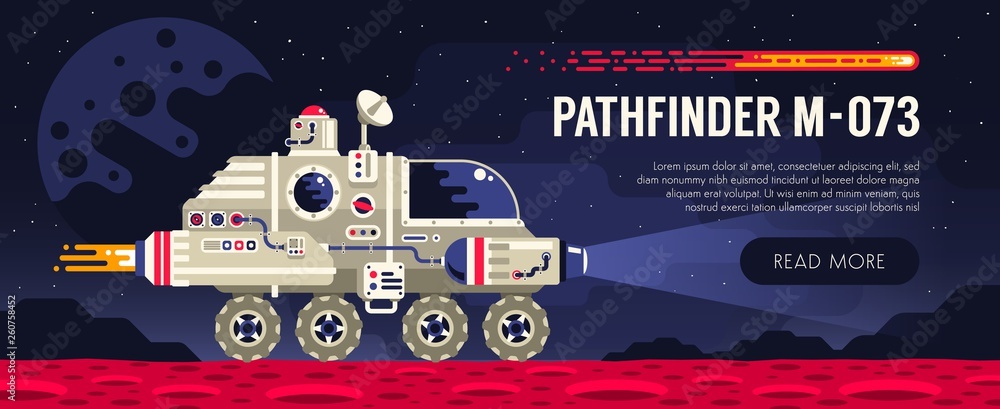 Space rover on red planet surface. Exploring an alien planet. Vector illustration. - obrazy, fototapety, plakaty 