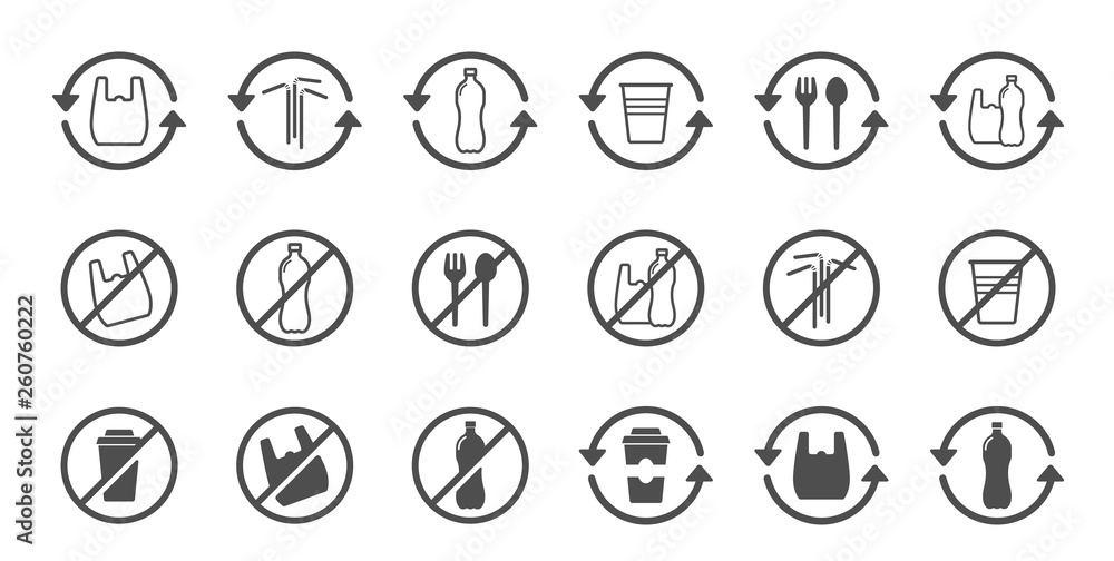 stop using plastic products vector icons isolated on white background ...
