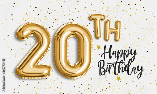 Cuadros en Lienzo Happy 20th birthday gold foil balloon greeting background