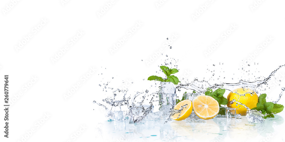 ice cubes, mint leaves with lemons isolated on a white background - obrazy, fototapety, plakaty 