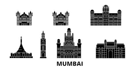 India, Mumbai 2 flat travel skyline set. India, Mumbai 2 black city vector panorama, illustration, travel sights, landmarks, streets.