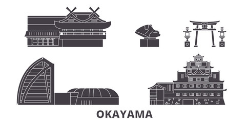 Wall Mural - Japan, Okayama flat travel skyline set. Japan, Okayama black city vector panorama, illustration, travel sights, landmarks, streets.