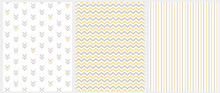 Set Of 3 Geometric Seamless Vector Patterns. Gray And Yellow Chevron On A White Background. Gray And Yellow Stripes On A White Layout. Abstract Arrows On A White. Simple Marine Style Decoration Set.