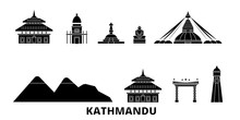Nepal, Kathmandu Flat Travel Skyline Set. Nepal, Kathmandu Black City Vector Panorama, Illustration, Travel Sights, Landmarks, Streets.