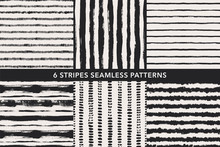 Grunge Stripes Hand Drawn Seamless Patterns Set. Vector Ornaments For Wrapping Paper.