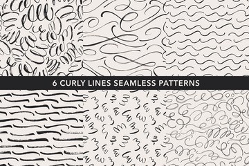 Curly lines hand drawn seamless patterns set. Vector ornaments for wrapping paper.