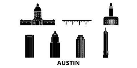 Wall Mural - United States, Austin flat travel skyline set. United States, Austin black city vector panorama, illustration, travel sights, landmarks, streets.