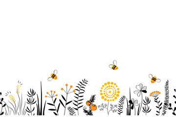 vector nature seamless background with hand drawn wild herbs, flowers and leaves on white. doodle st
